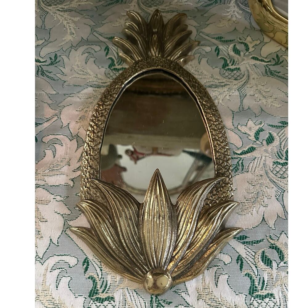 Vintage Brass mirror Pineapple Ornate Oval Shaped Wall decor hanging 15x7”